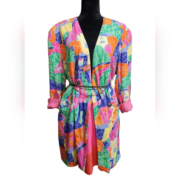 "Saved By The Bell" Vintage 80's / 90's Abstract Bright Neon Rainbow Long Blazer - Picture 1 of 2